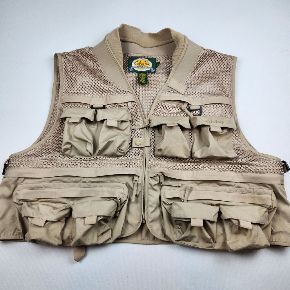 Cabelas Fly Fishing Mesh Vest Mens 2XL Outdoor Gear Khaki Multi-Pocket D-Rings